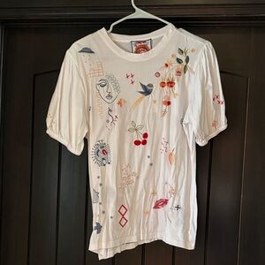 Johnny Was White Tee with Colorful Embroidery